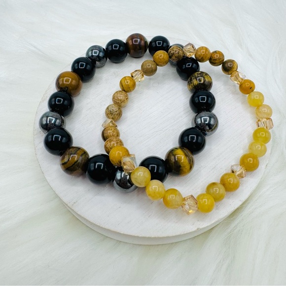 Natural Hematite Yellow Tiger Eye Beaded & Citrine Stone Bracelet Duo - Picture 1 of 6